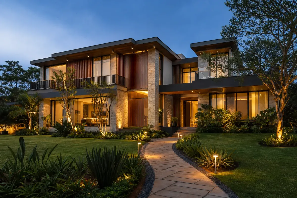 Large finished family home at dusk in Runda, Nairobi