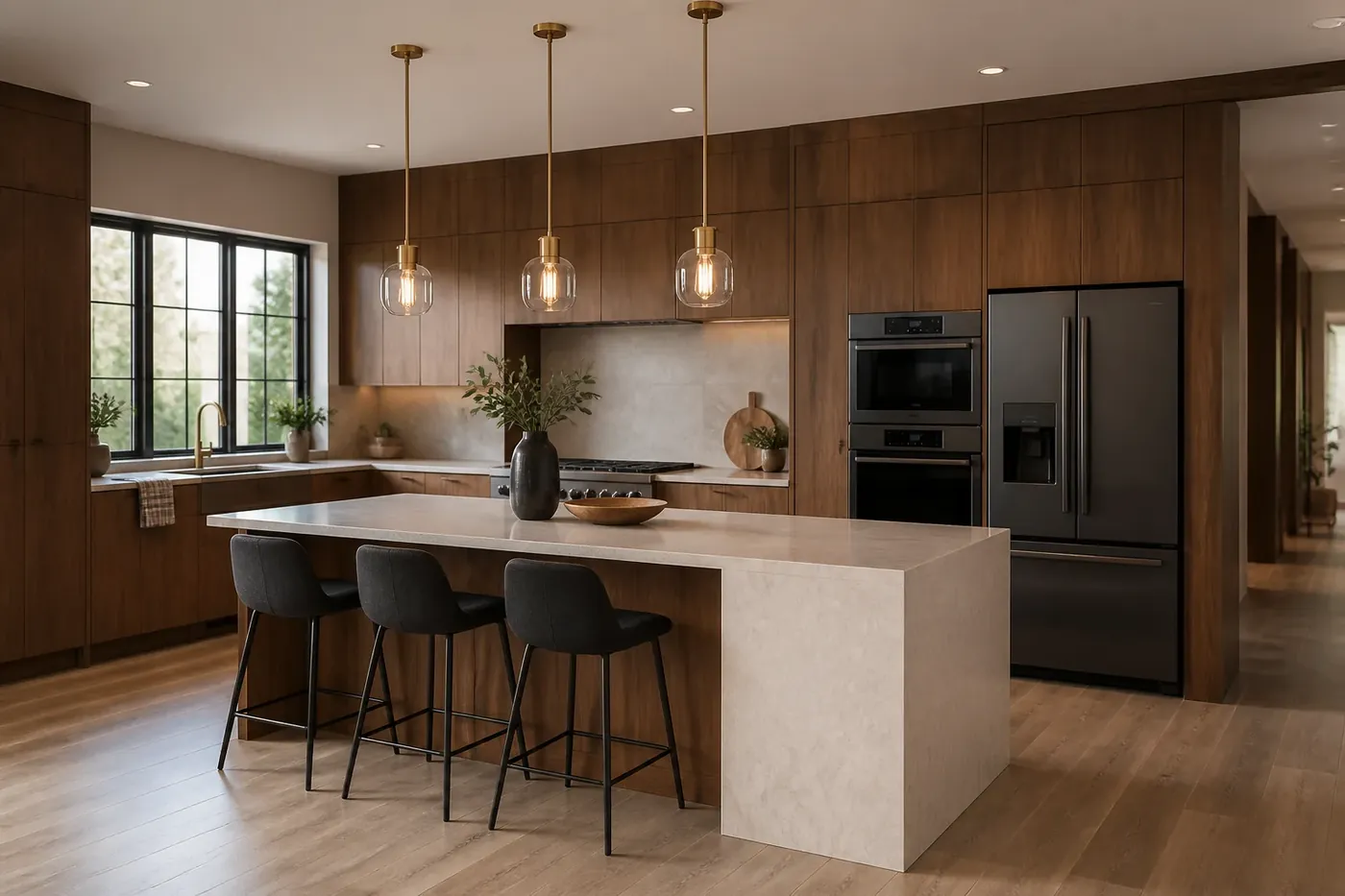 Finished kitchen island with pendant lights — where most of a Nairobi renovation budget goes