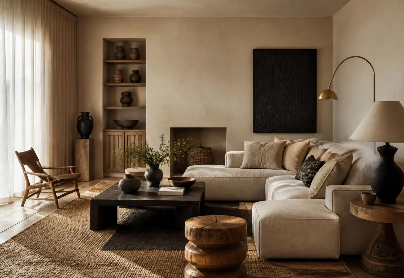 After: living room with limewash walls, linen sectional and woven rugs, Kileleshwa