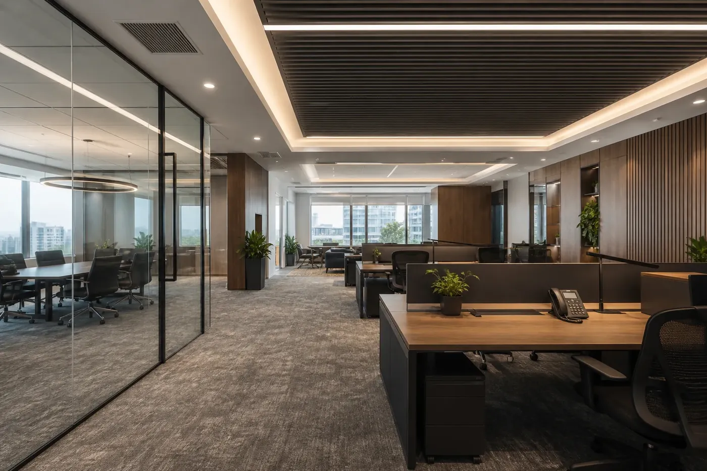 After: fitted office with glass partitions, desks and acoustic ceiling, Westlands